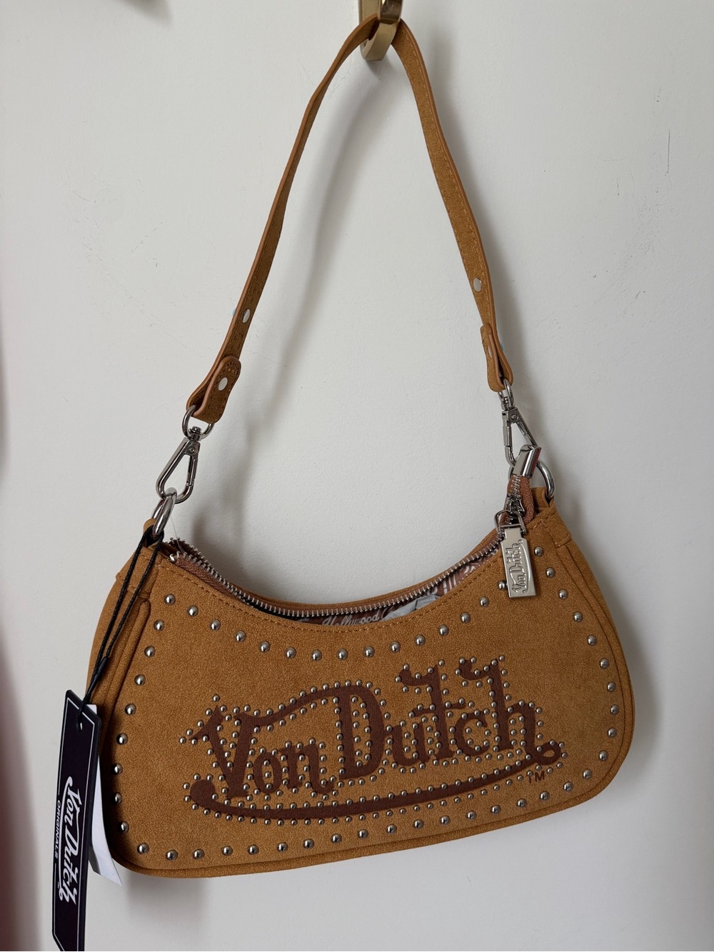 Von Dutch Tan Suede studded turquoise stone Shoulder Bag